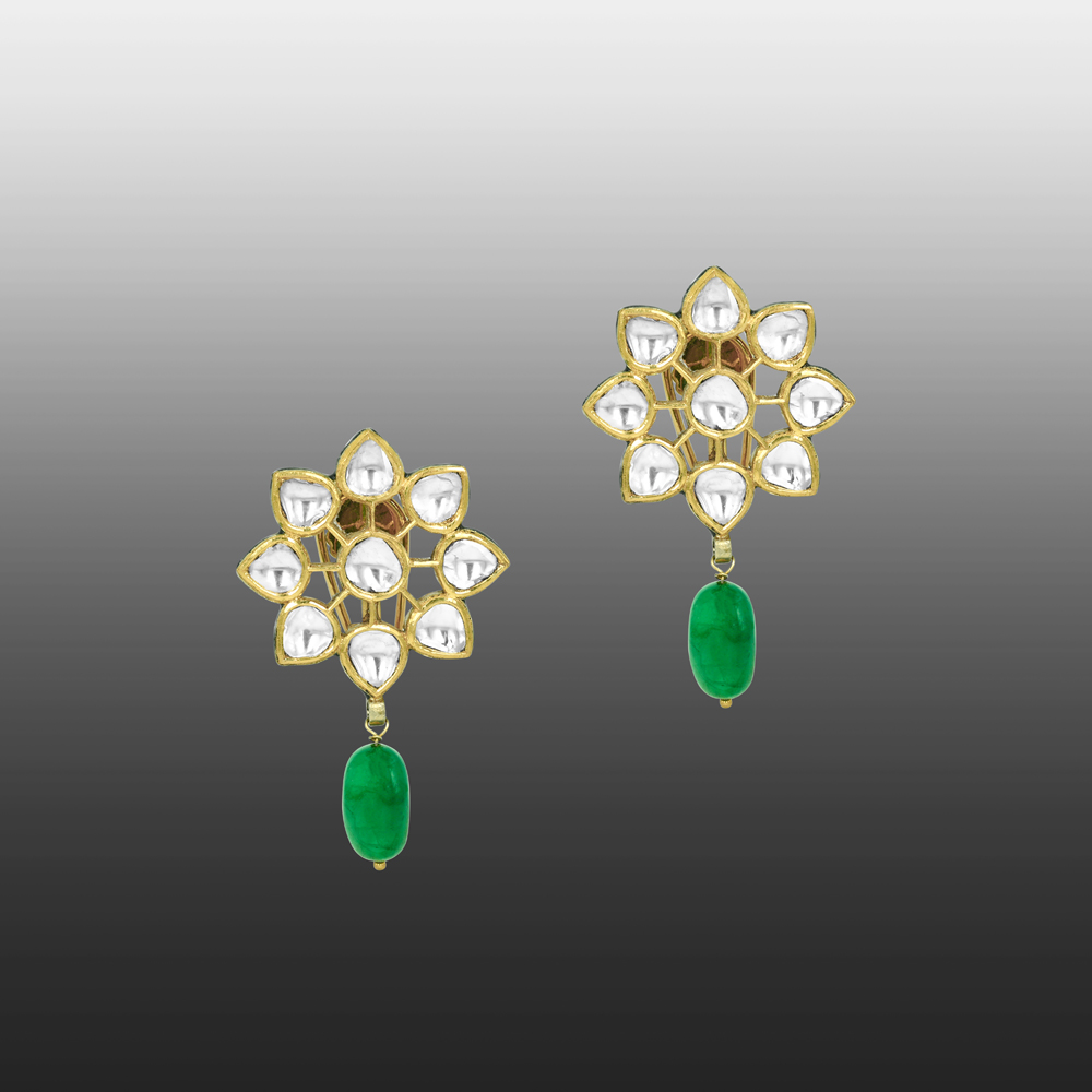 Floral Polki Earrings with Emerald Drops